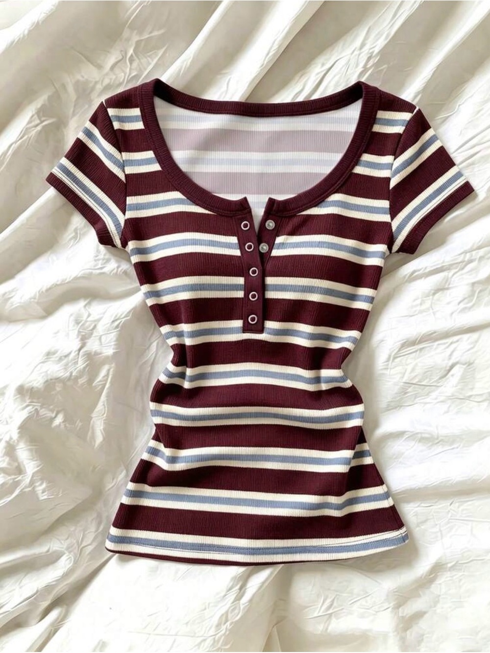 Bluenotes Scoop-Neck Striped Henley Tee - Burgundy, Cream, Light Blue